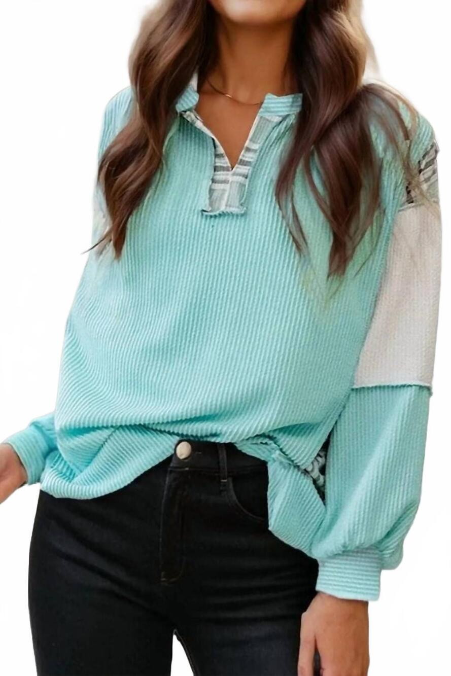 NEW 1 THE WOMAN corded texture plaid colorblock patchwork long sleeve top in tea